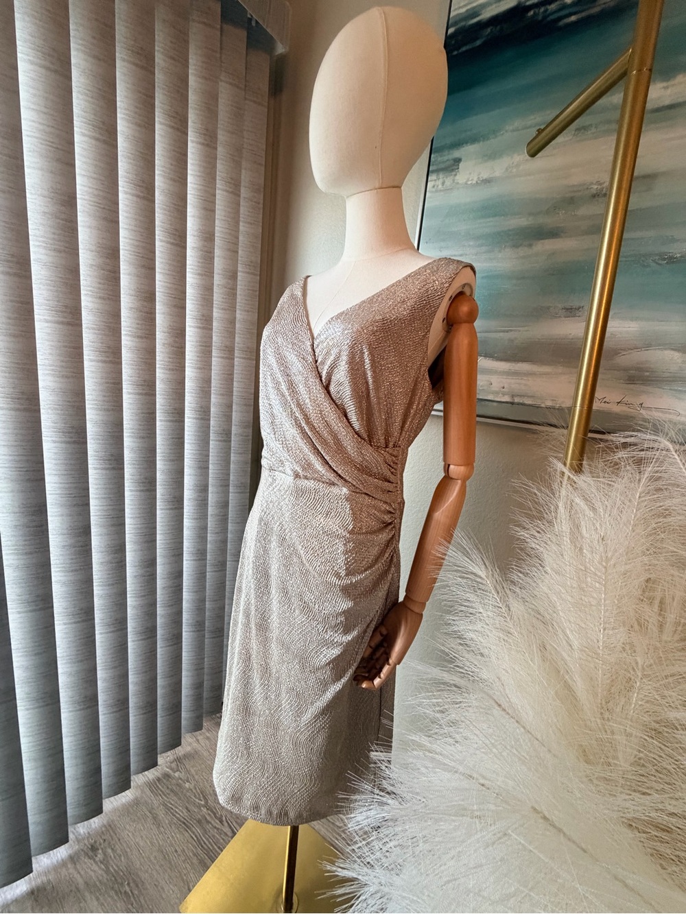 Ralph Lauren Metallic Taupe Wrap-Front Midi Dress